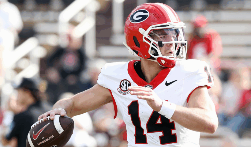University of Georgia quarterback Gunner Stockton throws a pass in warmups before a game on Nov. 8, 2025.