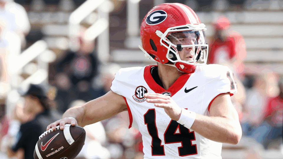 University of Georgia quarterback Gunner Stockton throws a pass in warmups before a game on Nov. 8, 2025.