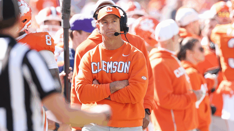 Clemson Tigers head coach Dabo Swinney during a college football game between the Duke Blue Devils and the Clemson Tigers on November 1, 2025 at Memorial Stadium in Clemson, S.C