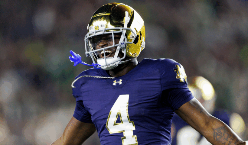Jeremiyah Love #4 of the Notre Dame Fighting Irish celebrates his touchdown during the game against USC Trojans at Notre Dame Stadium on October 18, 2025 in South Bend, Indiana.