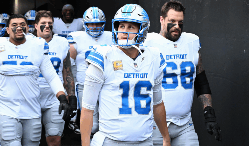Jared Goff #16 of the Detroit Lions looks on prior to a game against the Washington Commanders at Northwest Stadium on November 09, 2025 in Landover, Maryland.