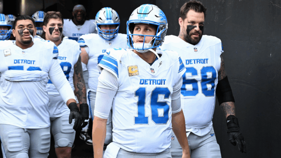 Jared Goff #16 of the Detroit Lions looks on prior to a game against the Washington Commanders at Northwest Stadium on November 09, 2025 in Landover, Maryland.