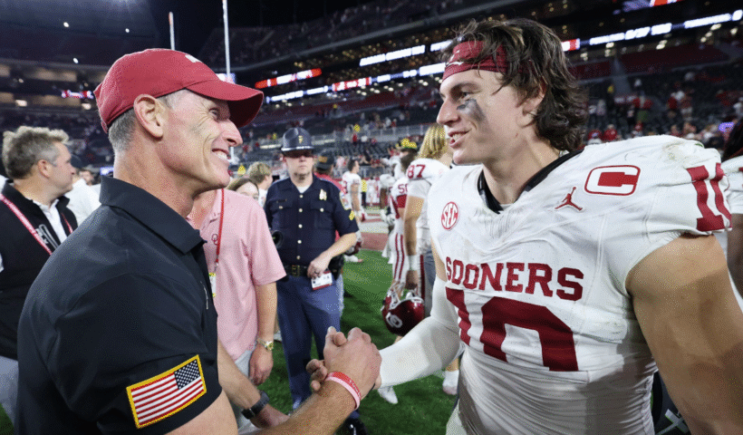 Head coach Brent Venables reacts with John Mateer #10 of the Oklahoma Sooners after their 23-21 win over the Alabama Crimson Tide at Bryant-Denny Stadium on November 15, 2025 in Tuscaloosa, Alabama