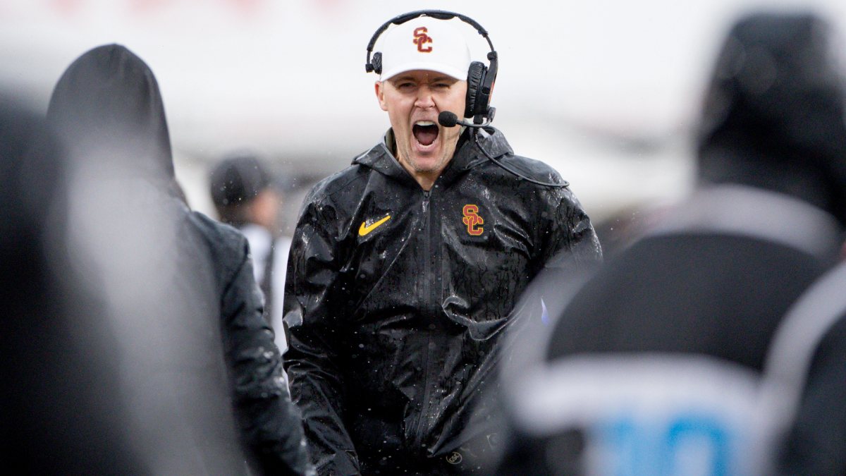 USC Trojans head coach Lincoln Riley celebrates during the second half of an NCAA football game against the Iowa Hawkeyes at the Los Angeles Memorial Coliseum on Saturday, Nov. 15, 2025 in Los Angeles, CA.