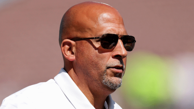 Head coach James Franklin of the Penn State Nittany Lions looks on before the game against the UCLA Bruins at Rose Bowl Stadium on October 04, 2025 in Pasadena, California.