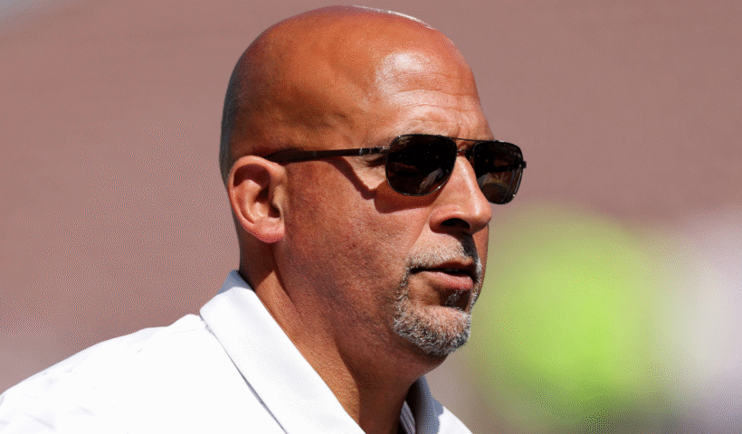 Head coach James Franklin of the Penn State Nittany Lions looks on before the game against the UCLA Bruins at Rose Bowl Stadium on October 04, 2025 in Pasadena, California.