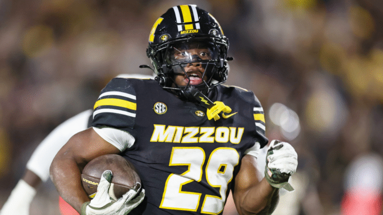 Missouri Tigers running back Ahmad Hardy (29) during a 72-yard touchdown run in the third quarter of an SEC football game between the Mississippi State Bulldogs and Missouri Tigers on November 15, 2025 at Memorial Stadium in Columbia, MO.
