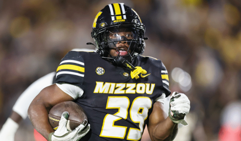 Missouri Tigers running back Ahmad Hardy (29) during a 72-yard touchdown run in the third quarter of an SEC football game between the Mississippi State Bulldogs and Missouri Tigers on November 15, 2025 at Memorial Stadium in Columbia, MO.