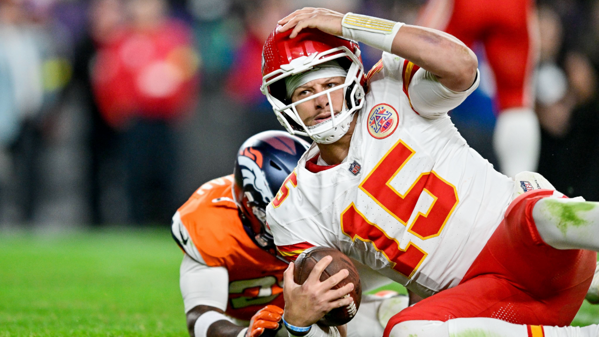 Kansas City Chiefs quarterback Patrick Mahomes (15) reacts after being sacked in the fourth quarter during a game between the Kansas City Chiefs and the Denver Broncos at Empower Field at Mile High on November 16, 2025 in Denver, Colorado.