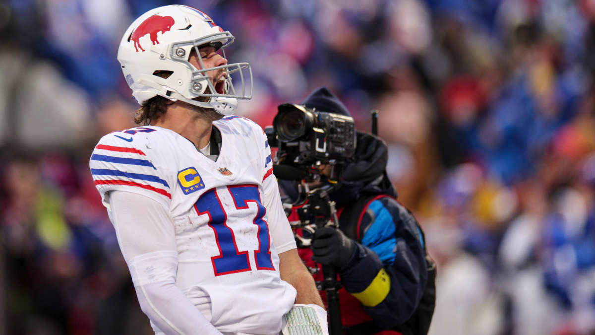 Josh Allen #17 of the Buffalo Bills reacts during the fourth quarter of the NFL 2025 game between Tampa Bay Buccaneers and Buffalo Bills at Highmark Stadium on November 16, 2025 in Orchard Park, New York.