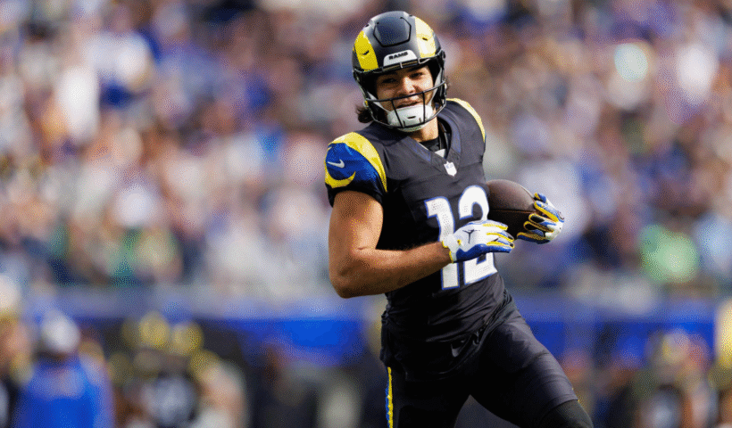 Puka Nacua #12 of the Los Angeles Rams carries the ball during the first quarter of an NFL football game against the Seattle Seahawks at SoFi Stadium on November 16, 2025 in Inglewood, California.