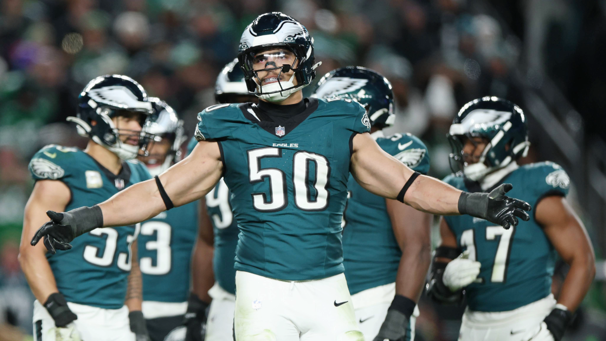 Jaelan Phillips #50 of the Philadelphia Eagles reacts to a defensive stop during the second half of a game against the Detroit Lions at Lincoln Financial Field on November 16, 2025 in Philadelphia, Pennsylvania.