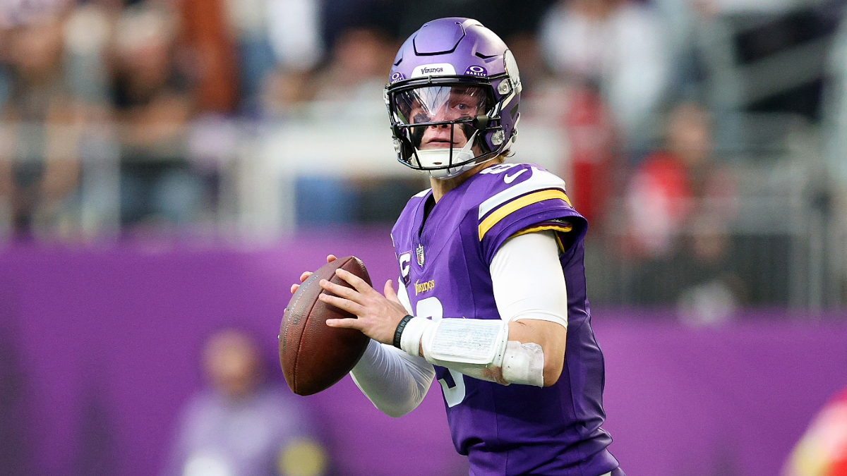J.J. McCarthy #9 of the Minnesota Vikings looks to pass against the Chicago Bears in the fourth quarter at U.S. Bank Stadium on November 16, 2025 in Minneapolis, Minnesota.