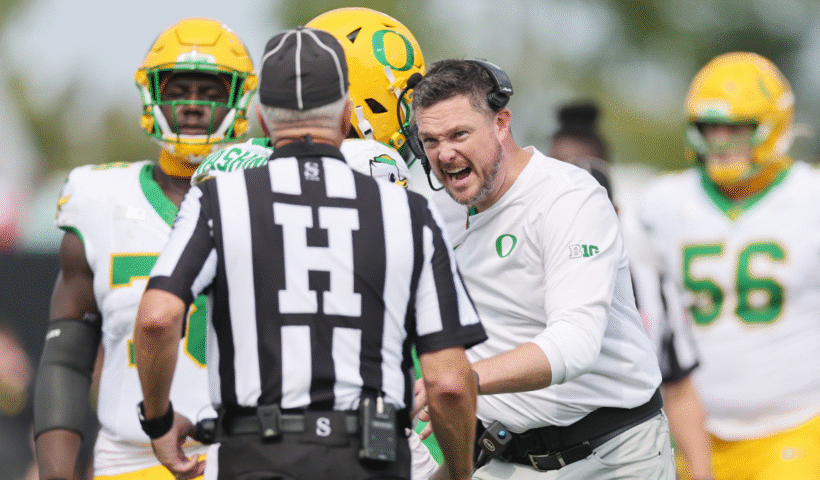 Head coach Dan Lanning of the Oregon Ducks reacts against the Northwestern Wildcats during the second half at Northwestern Medicine Field at Martin Stadium on September 13, 2025 in Evanston, Illinois.