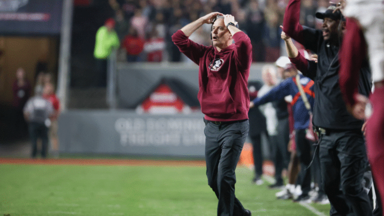 Head coach Mike Norvell of the Florida State Seminoles reacts to the call during the college football game between the North Carolina State Wolfpack and the Florida State Seminoles on November 21, 2025 at Carter-Finley Stadium in Raleigh, NC.