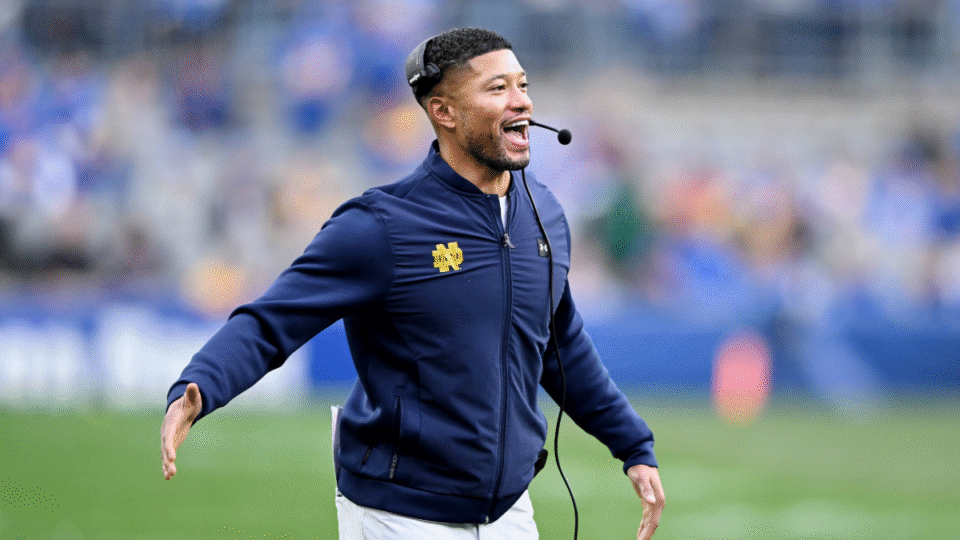 Head coach Marcus Freeman of the Notre Dame Fighting Irish watches the game against the Pittsburgh Panthers at Acrisure Stadium on November 15, 2025 in Pittsburgh, Pennsylvania.