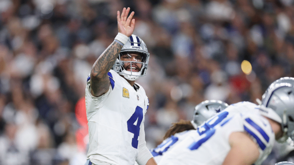 Dak Prescott #4 of the Dallas Cowboys during the NFL game at Allegiant Stadium on November 17, 2025 in Las Vegas, Nevada. The Cowboys defeated the Raiders 33-16.