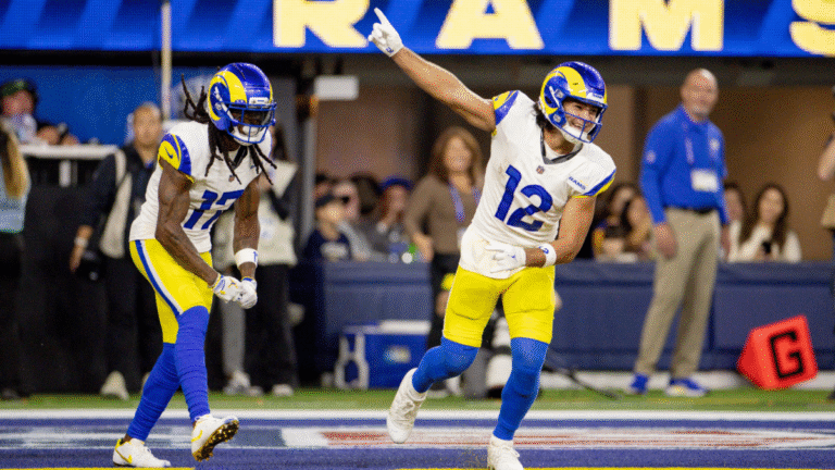 Los Angeles Rams wide receivers Davante Adams (17) and Puka Nacua (12) celebrate a touchdown during the first half of an NFL football game at Sofi Stadium on Sunday, Nov. 23, 2025 in Inglewood, CA.