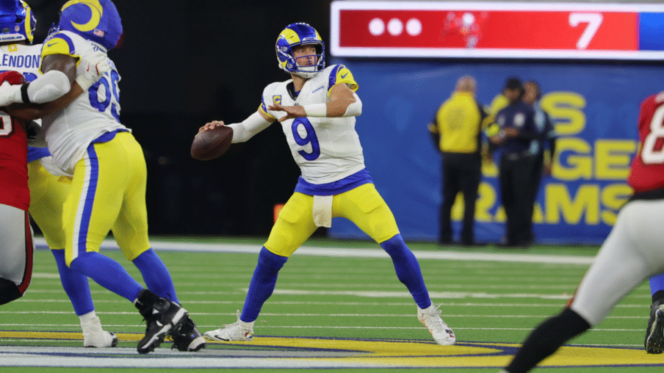 Quarterback Matthew Stafford #9 of the Los Angeles Rams prepares to pass the ball during an NFL game between the Tampa Bay Buccaneers and the Los Angeles Rams on November 23, 2025, at SoFi Stadium in Inglewood, CA.