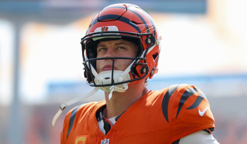 Joe Burrow #9 of the Cincinnati Bengals stands on the field prior to the first half of an NFL game against the Jacksonville Jaguars at Paycor Stadium on September 14, 2025 in Cincinnati, Ohio.