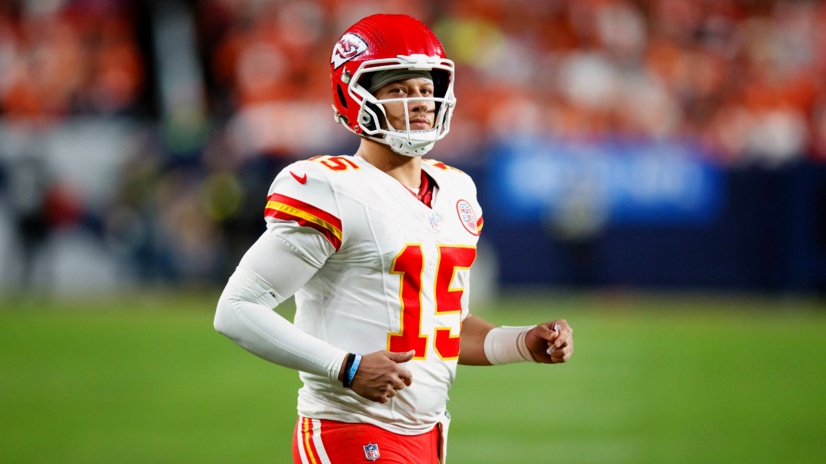 Patrick Mahomes #15 of the Kansas City Chiefs walks on the field during the fourth quarter against the Denver Broncos at Empower Field at Mile High on November 16, 2025 in Denver, Colorado.