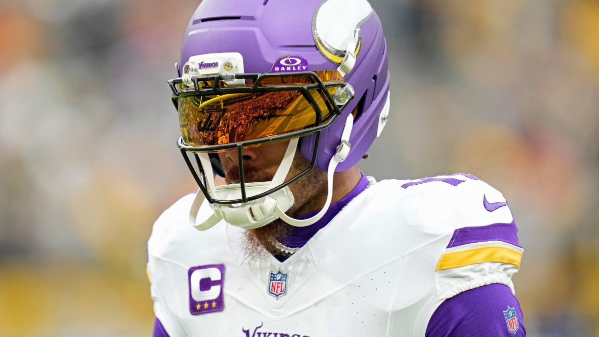 Justin Jefferson #18 of the Minnesota Vikings warms up before game against the Green Bay Packers at Lambeau Field on November 23, 2025 in Green Bay, Wisconsin.