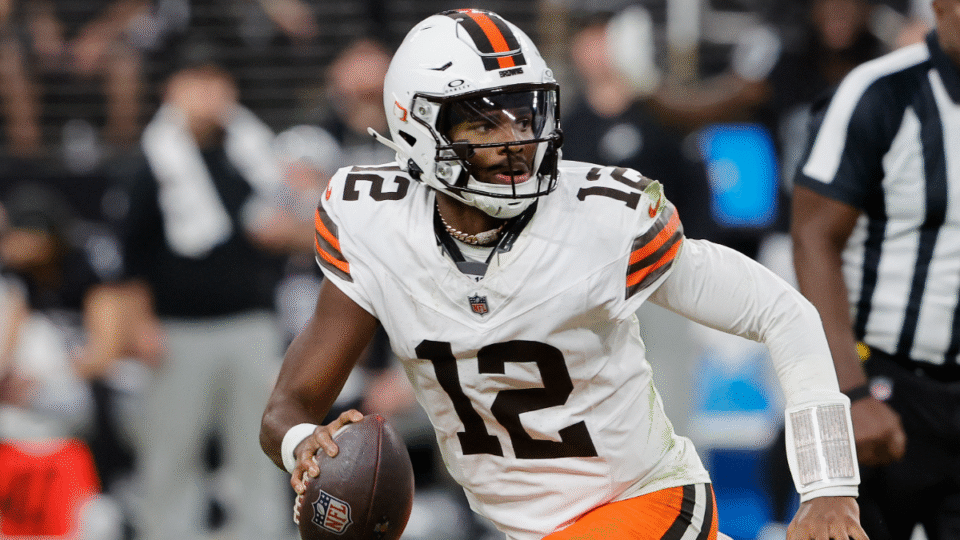 Shedeur Sanders #12 of the Cleveland Browns looks to pass in the game against the Las Vegas Raiders at Allegiant Stadium on November 23, 2025 in Las Vegas, Nevada.