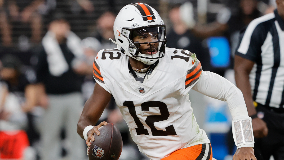 Shedeur Sanders #12 of the Cleveland Browns looks to pass in the game against the Las Vegas Raiders at Allegiant Stadium on November 23, 2025 in Las Vegas, Nevada.