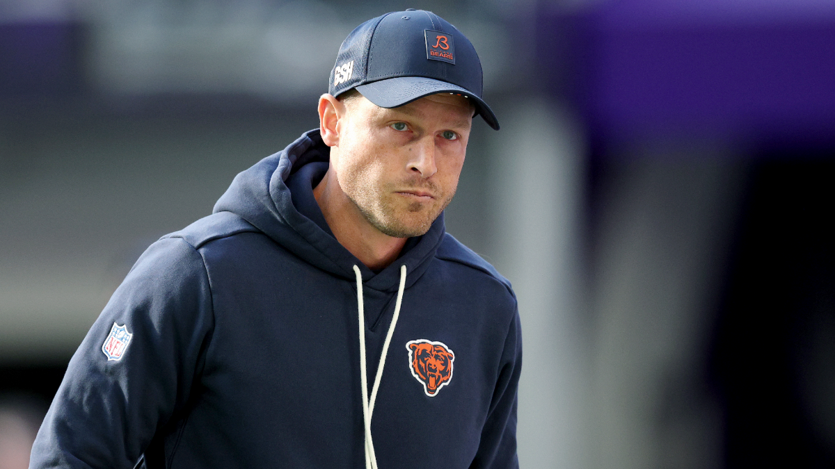 Head coach Ben Johnson of the Chicago Bears looks on prior to a game against the Minnesota Vikings at U.S. Bank Stadium on November 16, 2025 in Minneapolis, Minnesota.