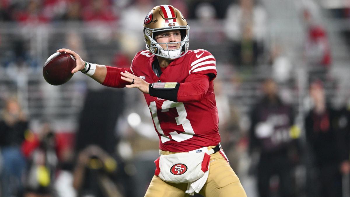 Brock Purdy #13 of the San Francisco 49ers passes the ball against the Carolina Panthers during the first half at Levi's Stadium on November 24, 2025 in Santa Clara, California.