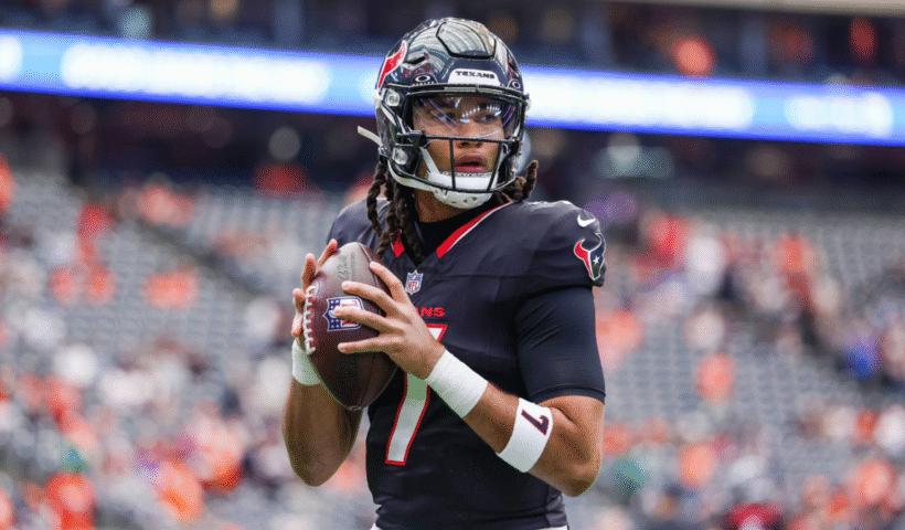 C.J. Stroud #7 of the Houston Texans throws a pass during warm ups prior to an NFL football game against the Denver Broncos at NRG Stadium on November 2, 2025 in Houston, Texas.