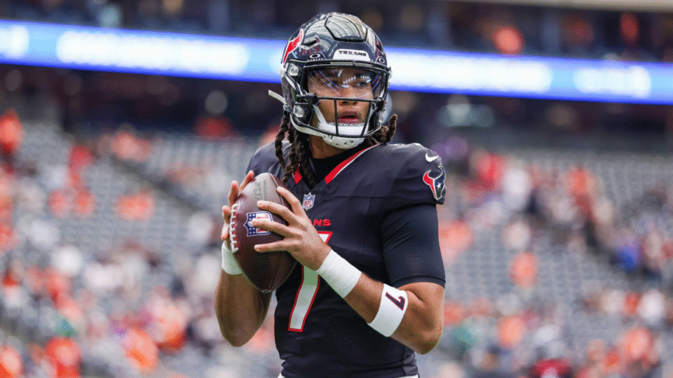 C.J. Stroud #7 of the Houston Texans throws a pass during warm ups prior to an NFL football game against the Denver Broncos at NRG Stadium on November 2, 2025 in Houston, Texas.