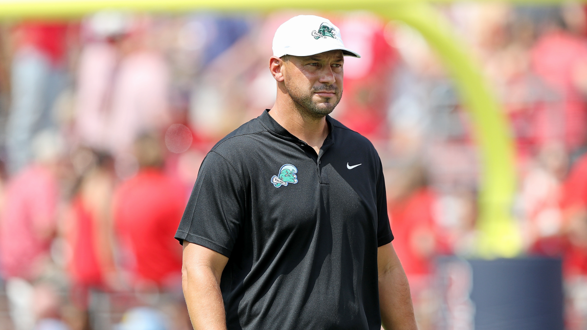 Head coach Jon Sumrall of the Tulane Green Wave looks on before the game against the Mississippi Rebels at Vaught-Hemingway Stadium on September 20, 2025 in Oxford, Mississippi.