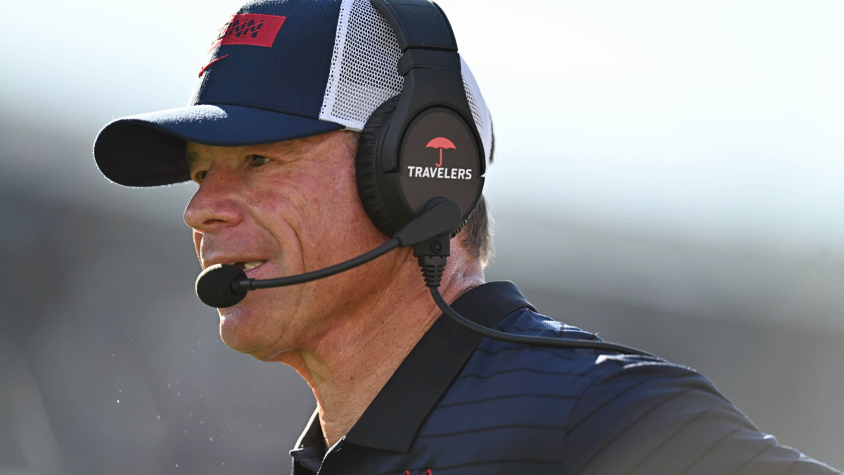 Head Coach Jim Mora of the UConn Huskies during the college football game between the UConn Huskies and the Ball State Cardinals on September 20, 2025, at Pratt & Whitney Stadium in East Hartford, CT.