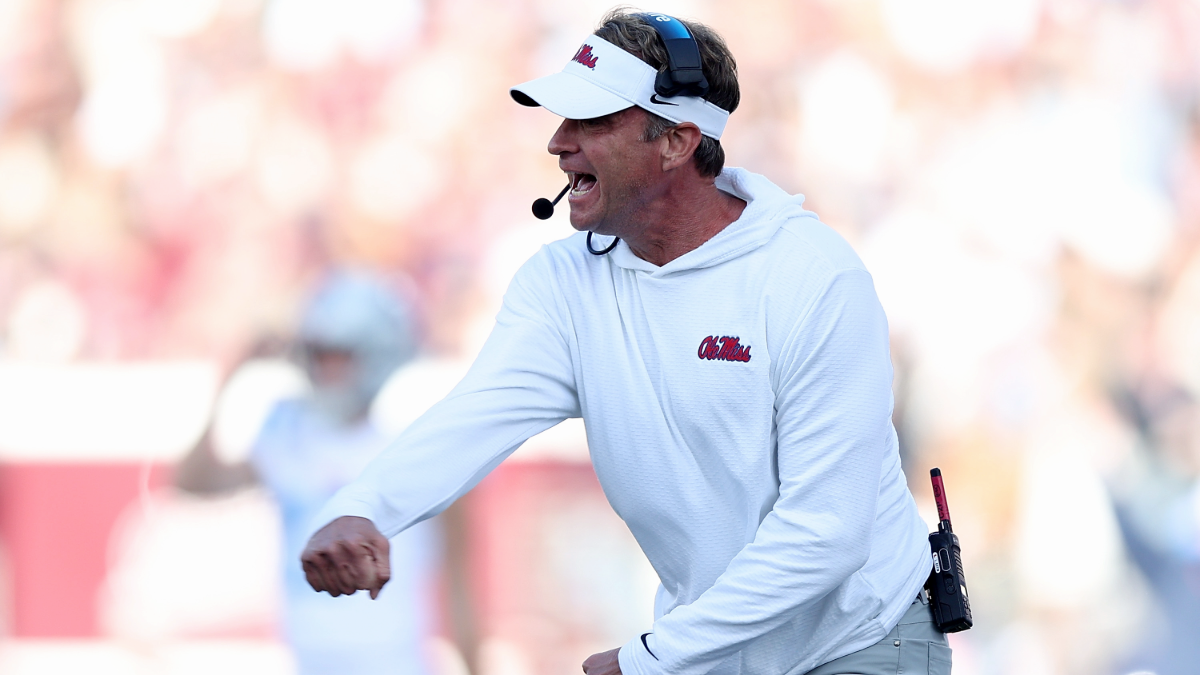 Head coach Lane Kiffin of the Mississippi Rebels reacts during the game against the Mississippi State Bulldogs at Davis Wade Stadium on November 28, 2025 in Starkville, Mississippi.