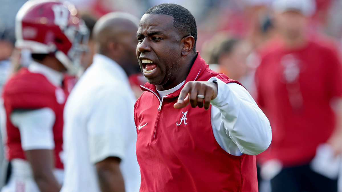 Wide receivers coach JaMarcus Shephard reacts during pregame drills before playing the Eastern Illinois Panthers at Bryant-Denny Stadium on November 22, 2025 in Tuscaloosa, Alabama.