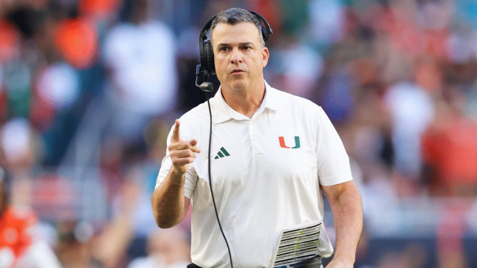 Head coach Mario Cristobal of the Miami Hurricanes reacts during the first quarter of the game against the NC State Wolfpack at Hard Rock Stadium on November 15, 2025 in Miami Gardens, Florida.