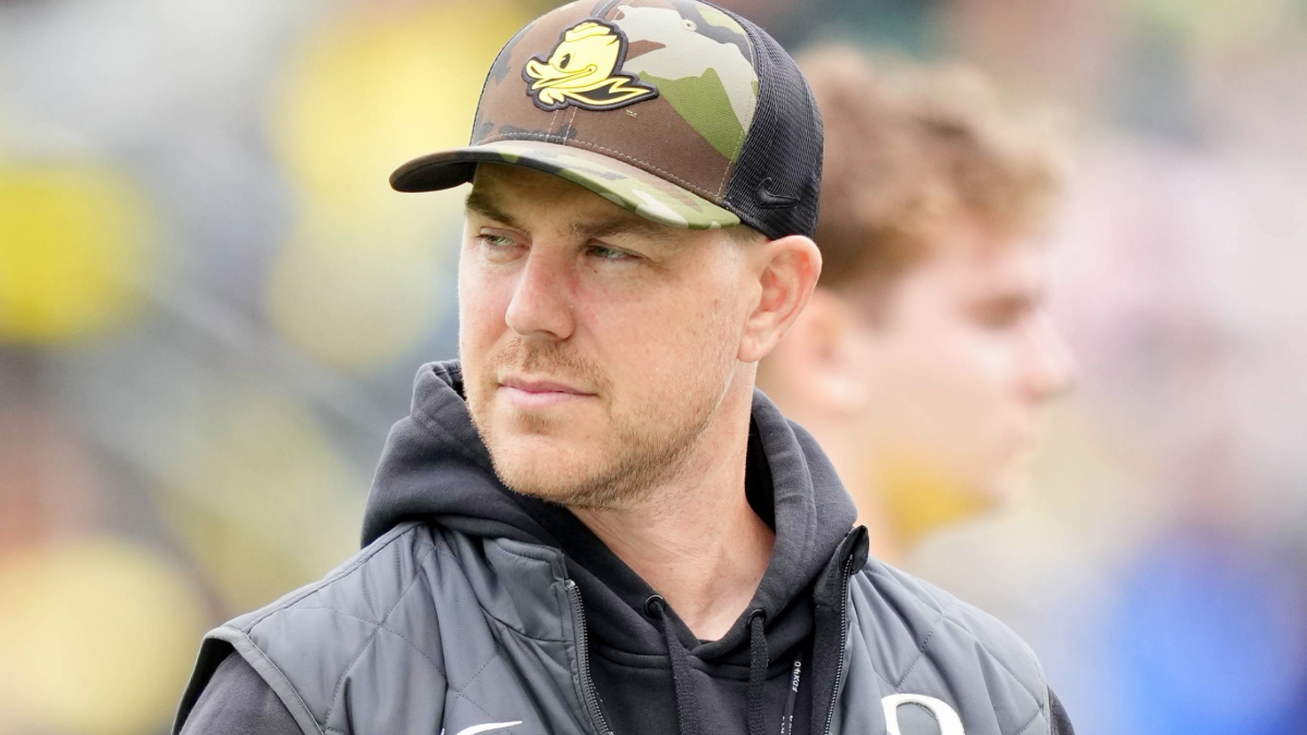 Offensive Coordinator Will Stein of the Oregon Ducks looks on during the Oregon spring game at Autzen Stadium on April 26, 2025 in Eugene, Oregon.