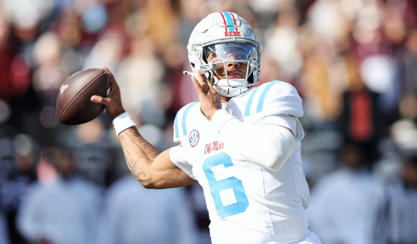 Trinidad Chambliss #6 of the Mississippi Rebels looks to pass during the game against the Mississippi State Bulldogs at Davis Wade Stadium on November 28, 2025 in Starkville, Mississippi.