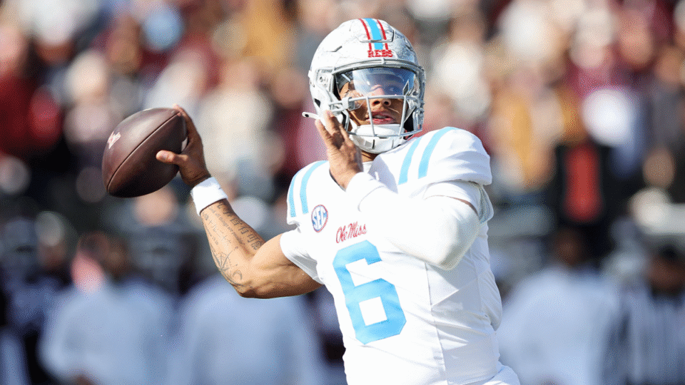Trinidad Chambliss #6 of the Mississippi Rebels looks to pass during the game against the Mississippi State Bulldogs at Davis Wade Stadium on November 28, 2025 in Starkville, Mississippi.