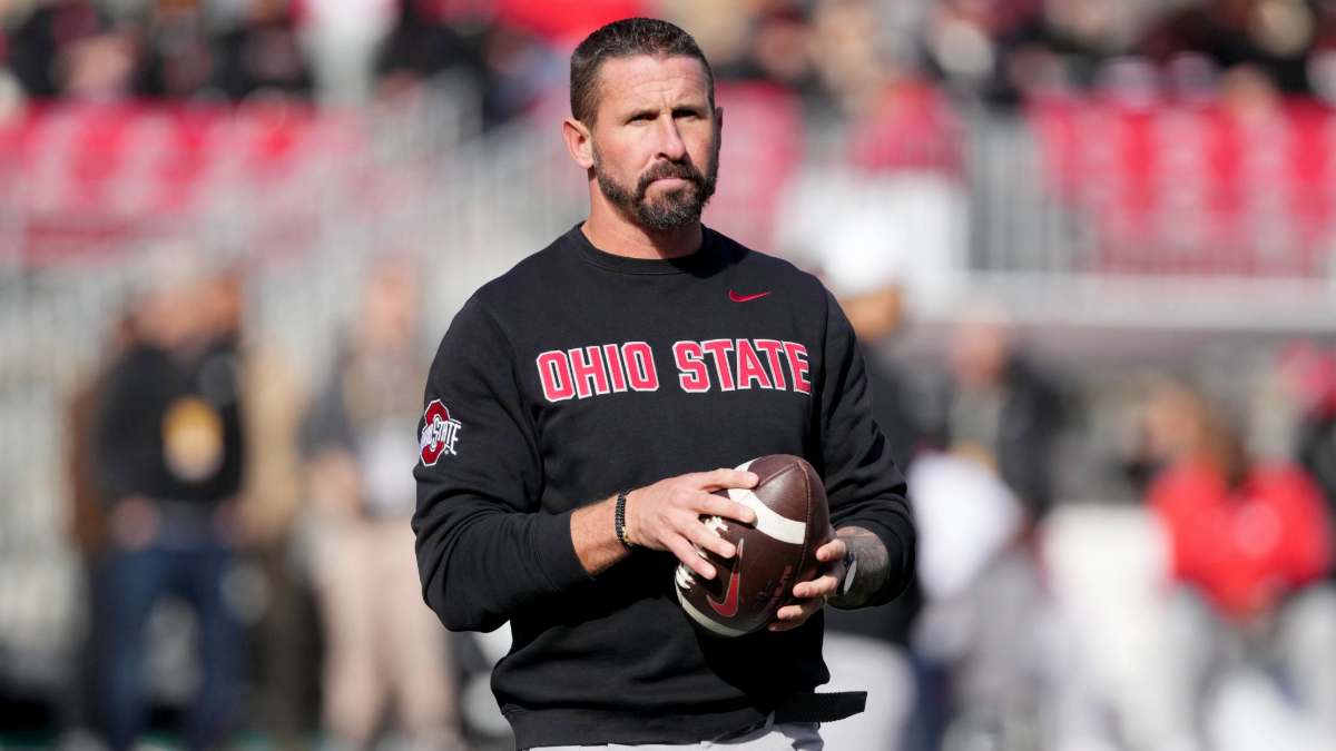 Offensive Coordinator / Wide Receivers Coach Brian Hartline of the Ohio State Buckeyes looks on before the game against the Penn State Nittany Lions at Ohio Stadium on November 01, 2025 in Columbus, Ohio.