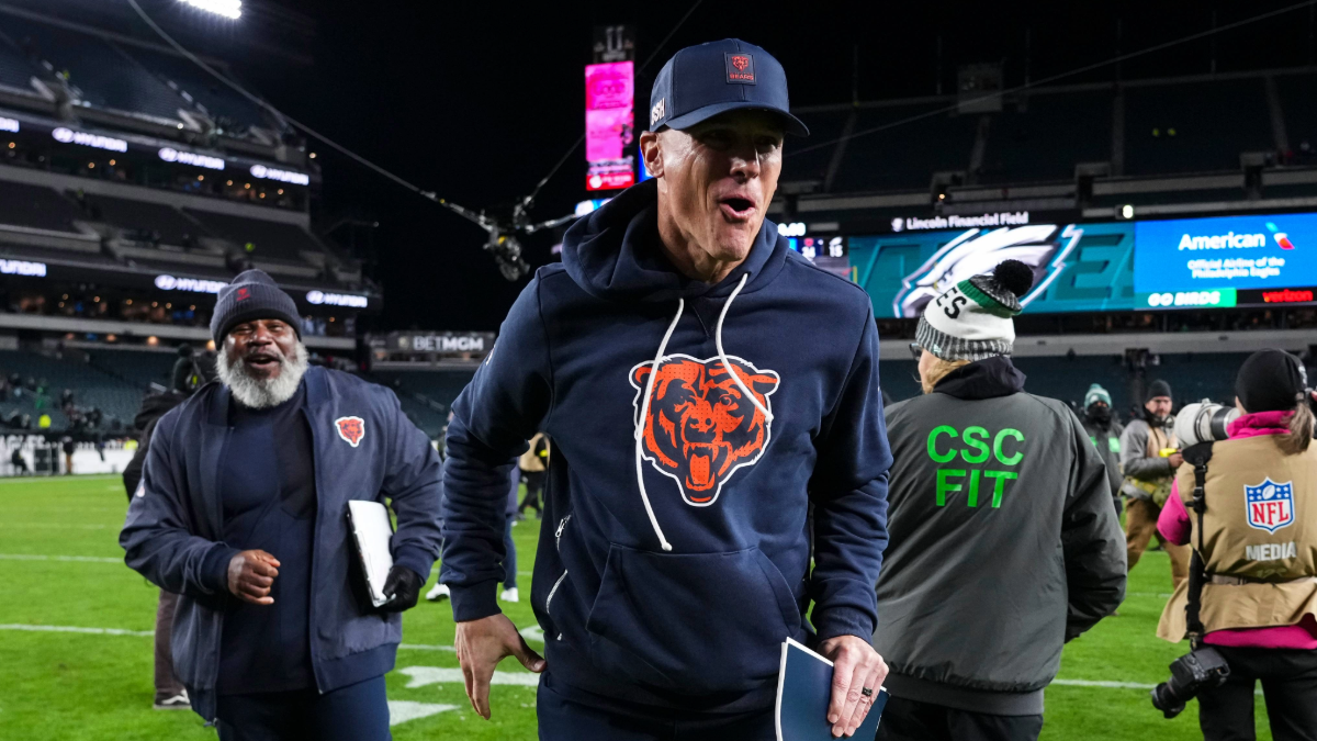 Chicago Bears head coach Ben Johnson celebrates after an NFL football game against the Philadelphia Eagles at Lincoln Financial Field on November 28, 2025 in Philadelphia, Pennsylvania.