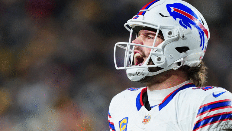 Josh Allen #17 of the Buffalo Bills celebrates after scoring a touchdown against the Pittsburgh Steelers during an NFL football game at Acrisure Stadium on November 30, 2025 in Pittsburgh, Pennsylvania.