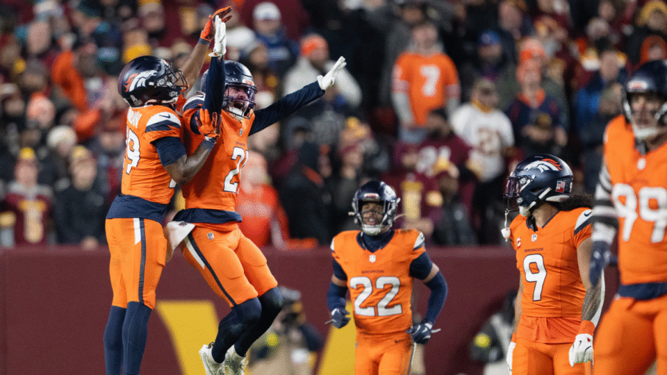 Cornerbacks Ja'Quan McMillian (29) and Riley Moss (21) of the Denver Broncos celebrate Moss breaking up a pass by quarterback Marcus Mariota (8) of the Washington Commanders on Sunday, Nov. 30, 2025, at Northwest Stadium in Landover, MD