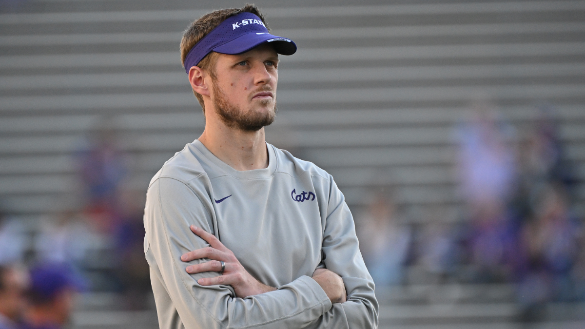 Kansas State Wildcats Offensive Coordinator Collin Klein looks on before a game against the TCU Horned Frogs at Bill Snyder Family Football Stadium on October 21, 2023 in Manhattan, Kansas.