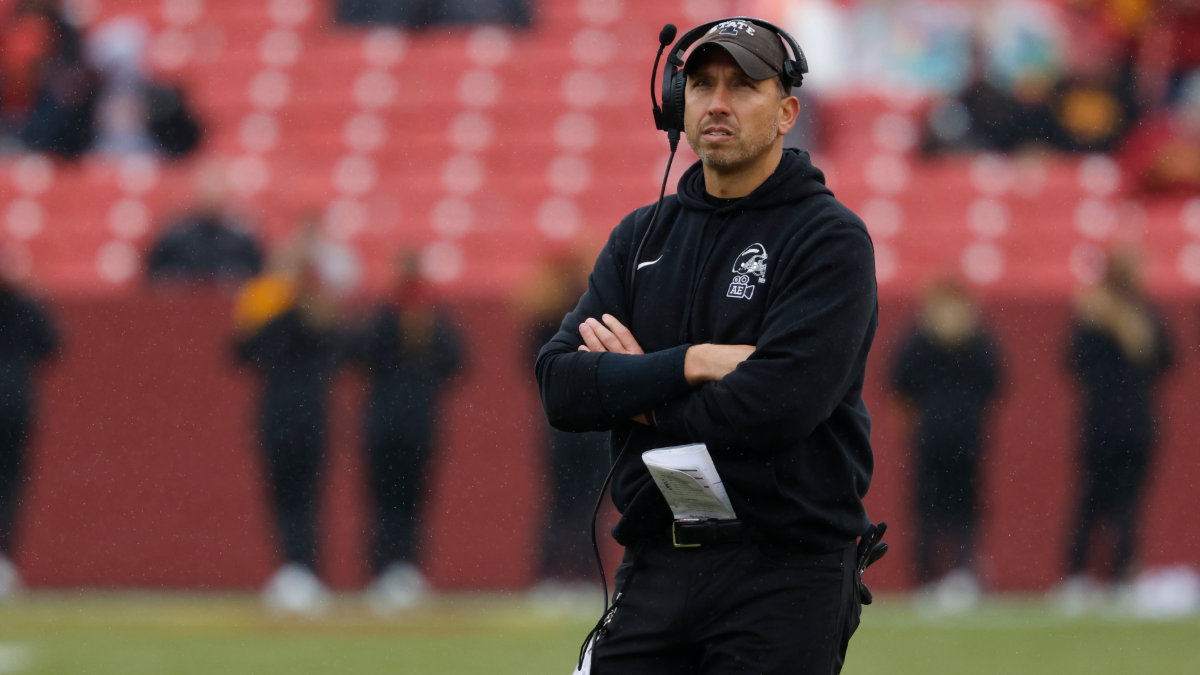 Head coach Matt Campbell of the Iowa State Cyclones looks to the game clock in the first half of play at Jack Trice Stadium on November 1, 2025, in Ames, Iowa. The Arizona State Sun Devils won 24-19 over the Iowa State Cyclones.