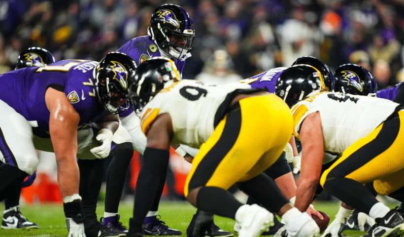 Lamar Jackson #8 of the Baltimore Ravens lines up before the snap during an NFL football wild card playoff game against the Pittsburgh Steelers at M&T Bank Stadium on January 11, 2025 in Baltimore, Maryland.