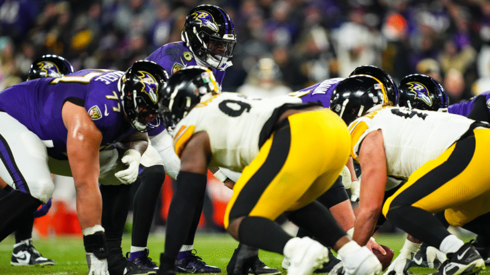 Lamar Jackson #8 of the Baltimore Ravens lines up before the snap during an NFL football wild card playoff game against the Pittsburgh Steelers at M&T Bank Stadium on January 11, 2025 in Baltimore, Maryland.