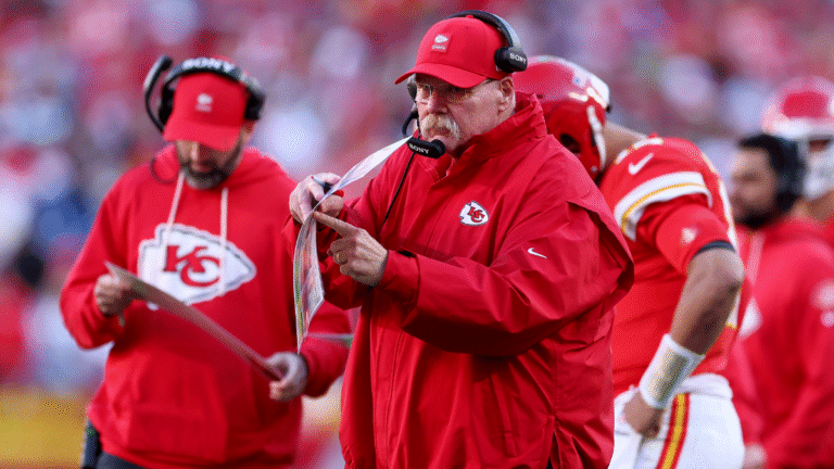 Head coach Andy Reid of the Kansas City Chiefs gestures in the fourth quarter of the game against the Indianapolis Colts at Arrowhead Stadium on November 23, 2025 in Kansas City, Missouri.