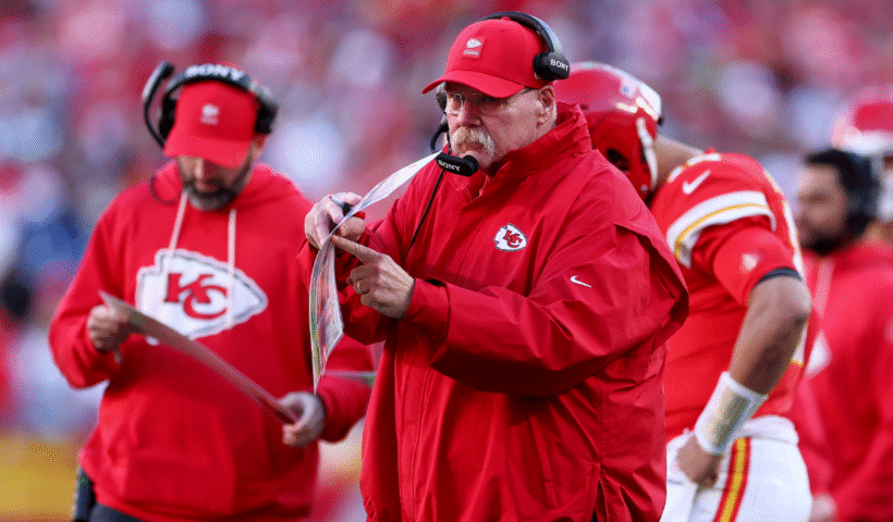 Head coach Andy Reid of the Kansas City Chiefs gestures in the fourth quarter of the game against the Indianapolis Colts at Arrowhead Stadium on November 23, 2025 in Kansas City, Missouri.